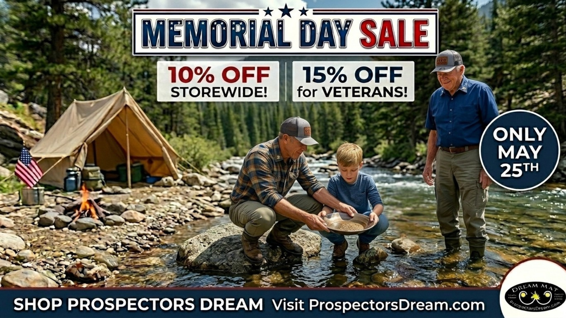 Memorial Day sale advertisement with a family camping and fishing in a natural setting.