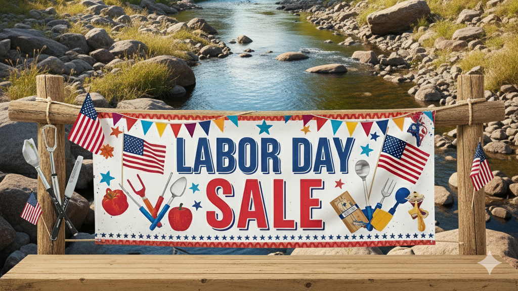 Labor Day sale banner on a wooden fence with a scenic background of a river and trees.