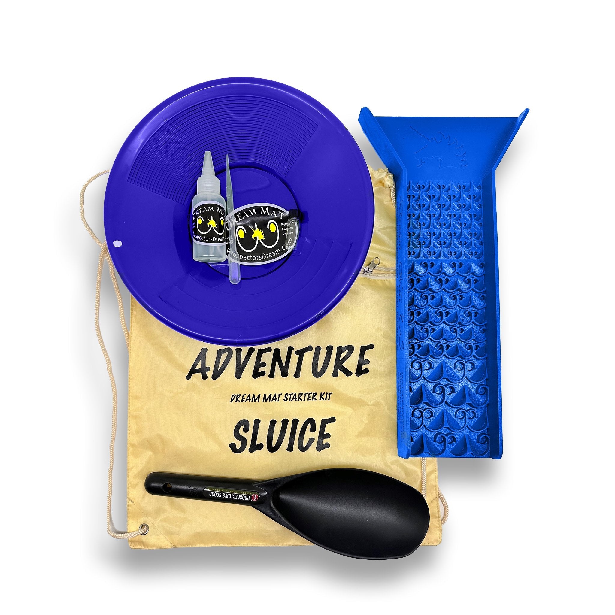 Dream Mat blue adventure sluice gold pan kit. Front facing.