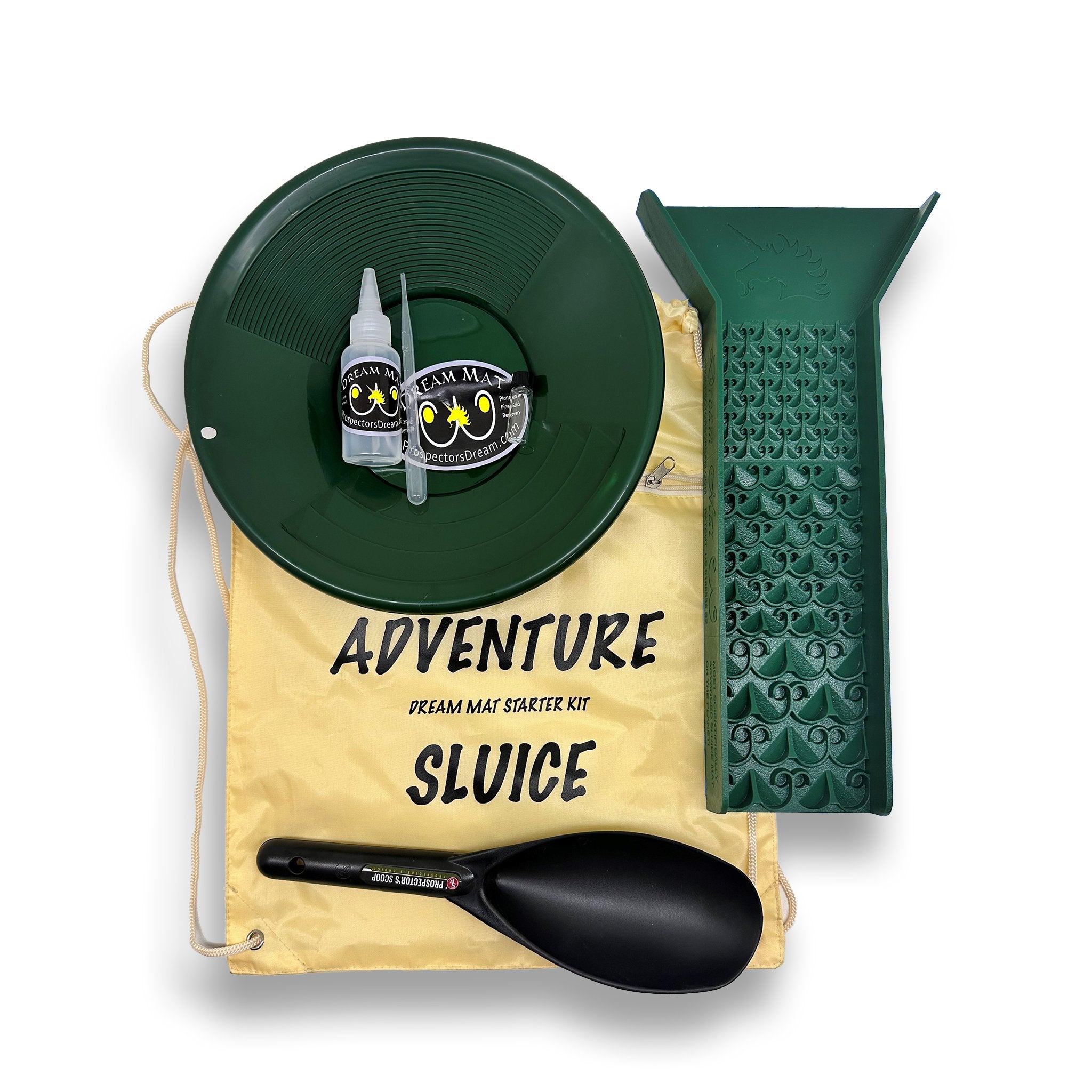 Dream Mat adventure sluice gold pan kit. Front facing.