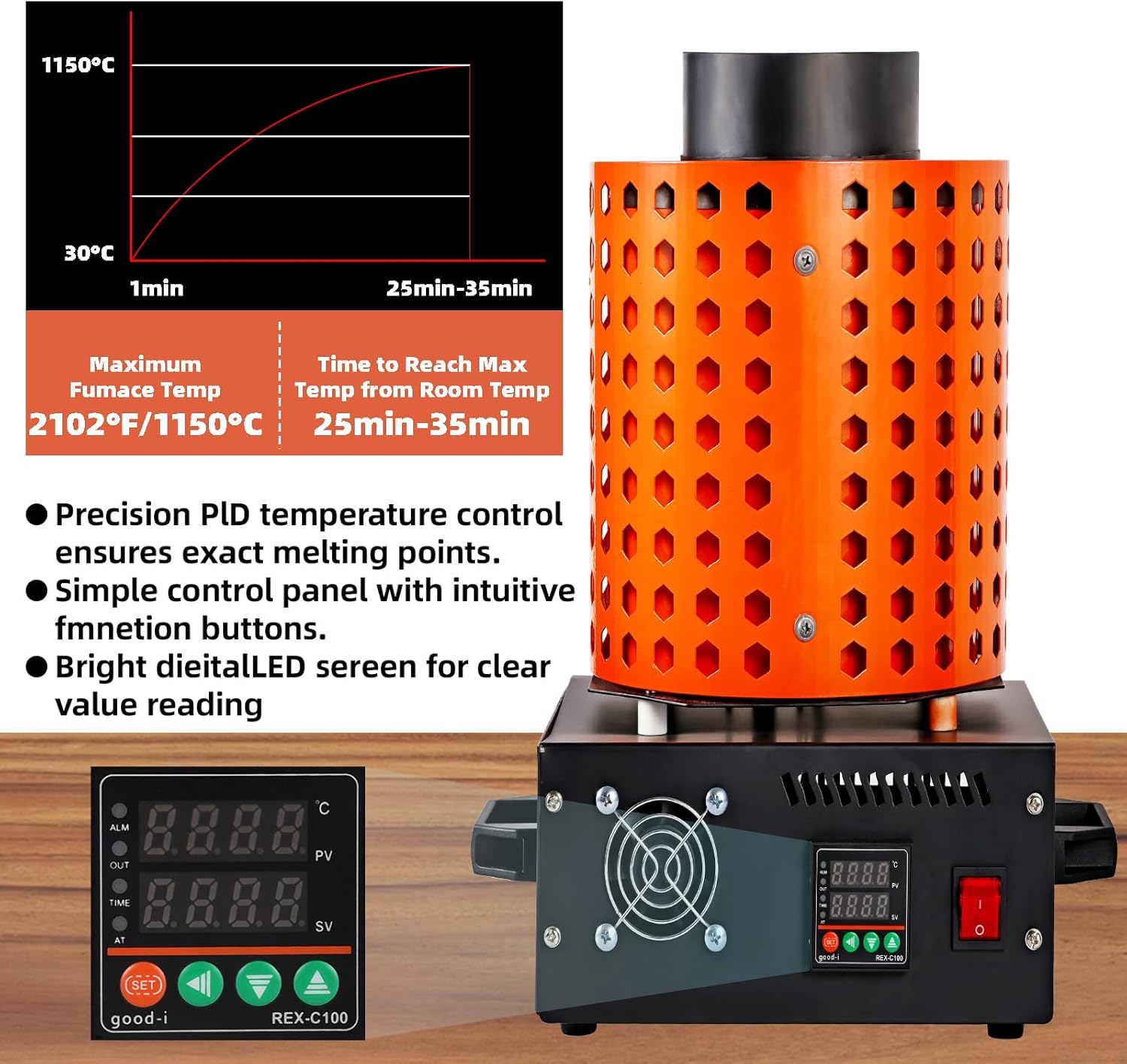 Dream Mat - GTE Gold Melting Furnace – 1+3 KG Electric Digital Smelting Kiln Kit, 1800W 2100°F for Gold Silver Copper Aluminum (110V) - Gold Refining - Prospectors Dream